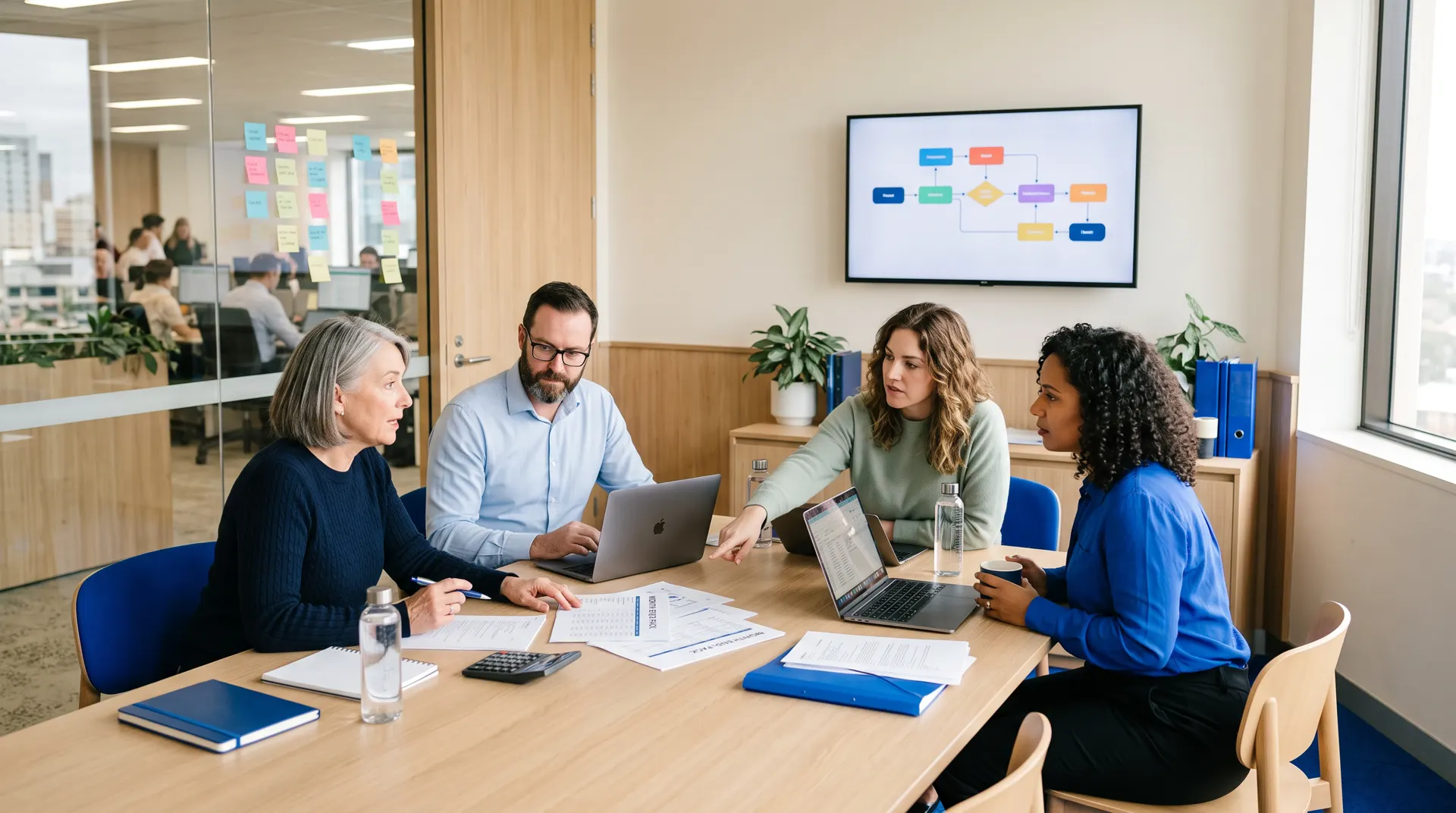 A finance team meets around a table with laptops and a process chart