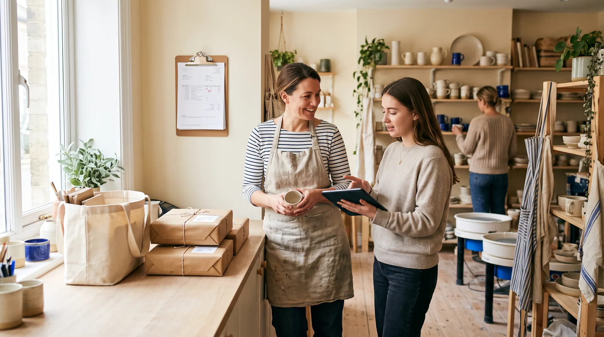 Two shop owners check an order list on a tablet among stacked parcels
