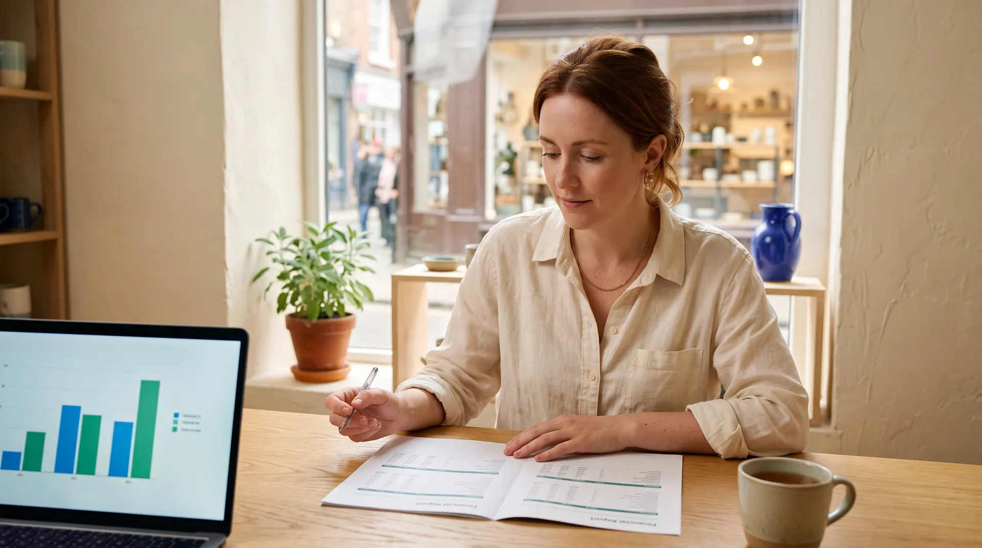 A shop owner reviews her monthly figures, a chart on the laptop beside her