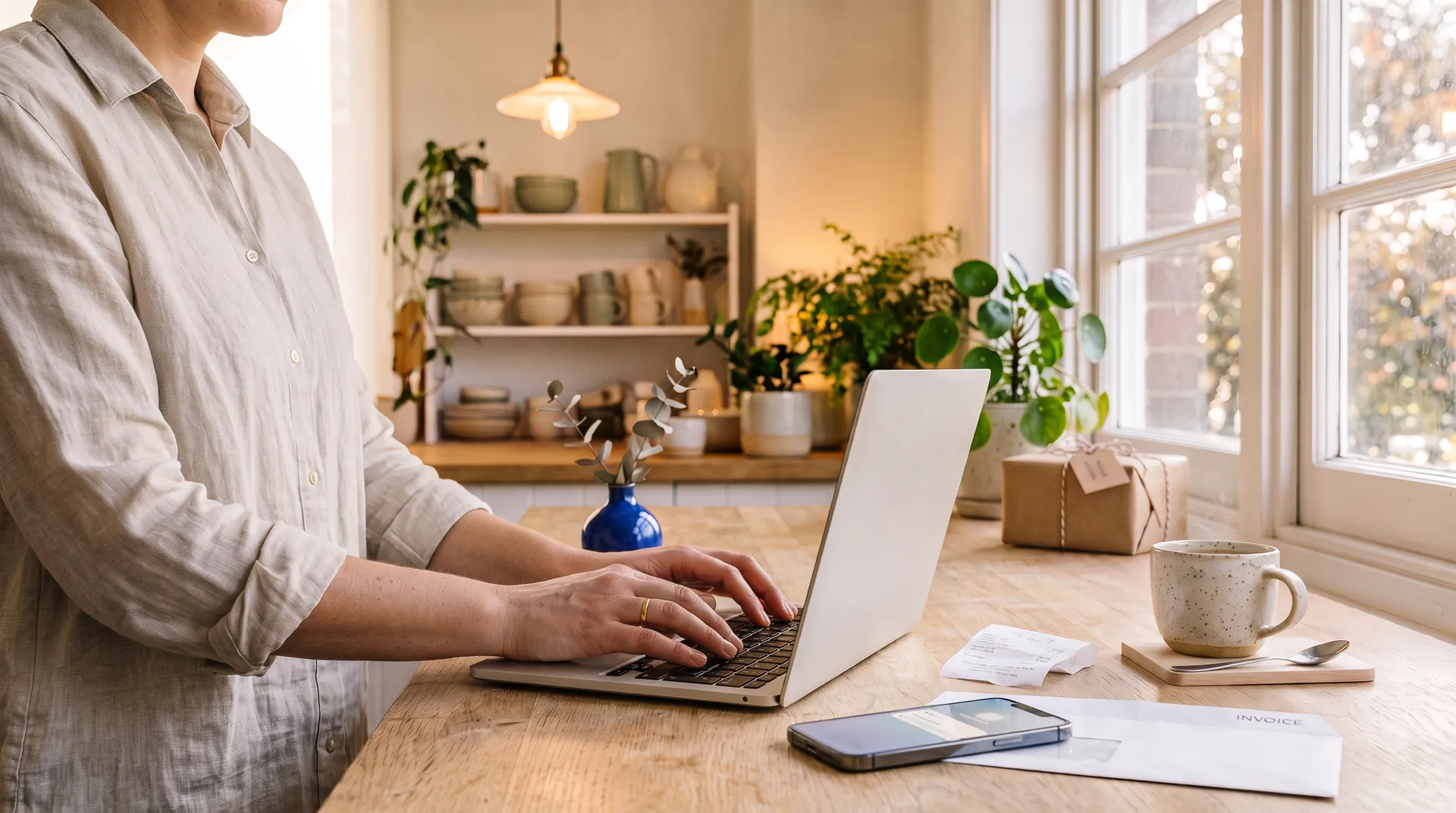 A business owner at her laptop in a sunny studio