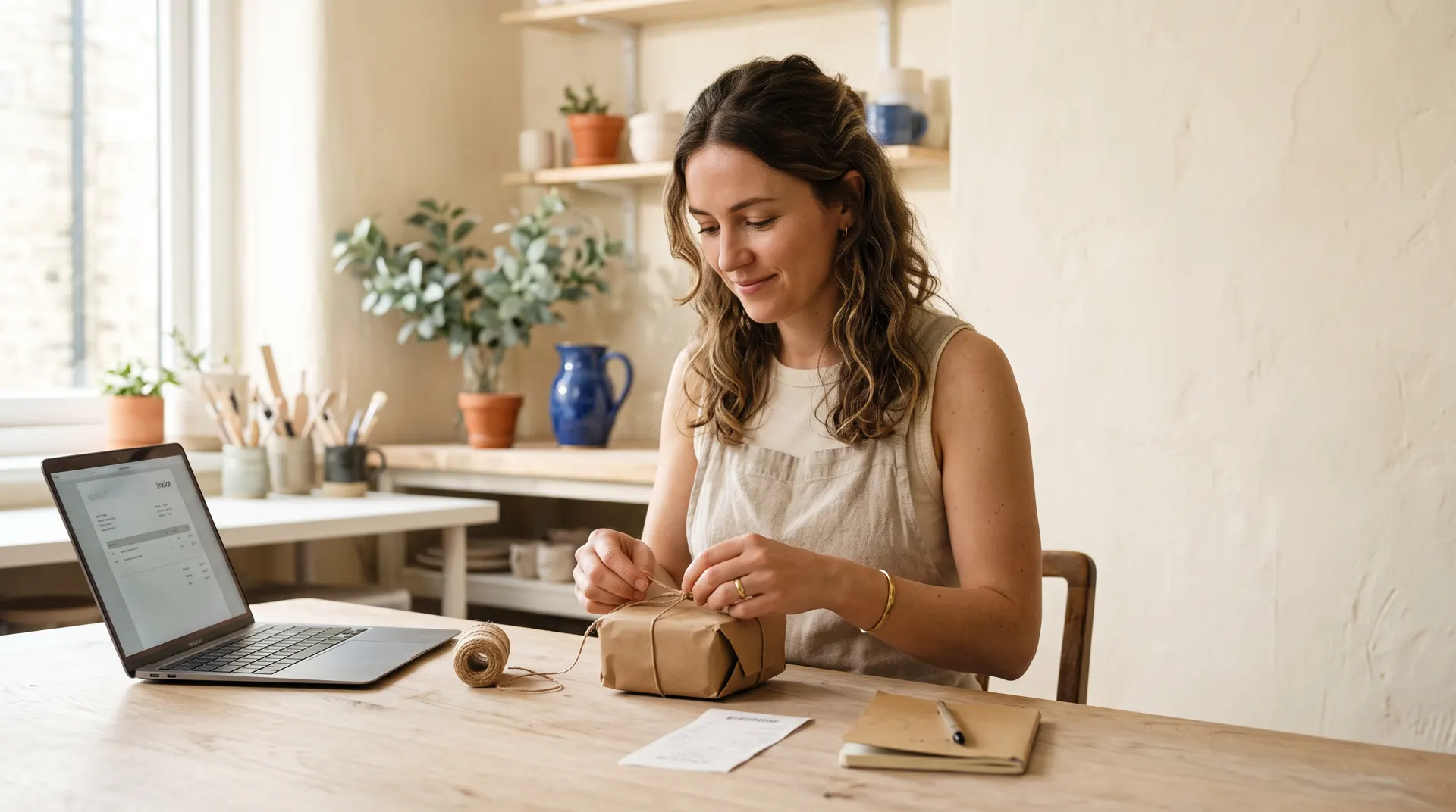 A maker wraps her first order at a sunny workbench, laptop open beside her